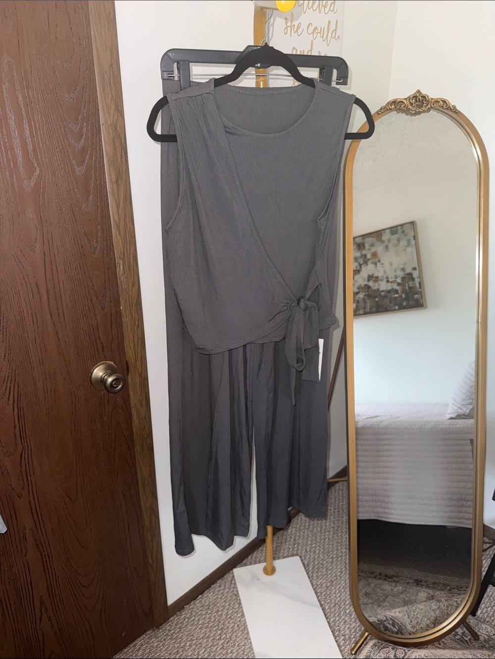 Sleeveless Gray Midi Jumpsuit with Side Tie